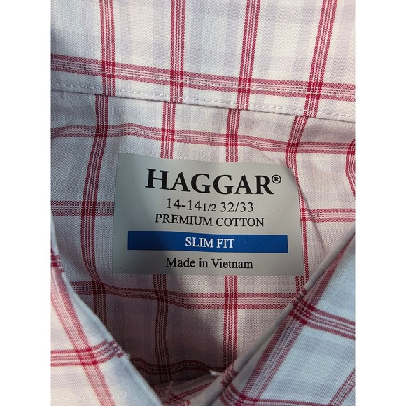 Haggar Dress Shirt Men 14-14.5 32/33 Red/White Plaid Slim Fit Stretch Comfort - Picture 5 of 8
